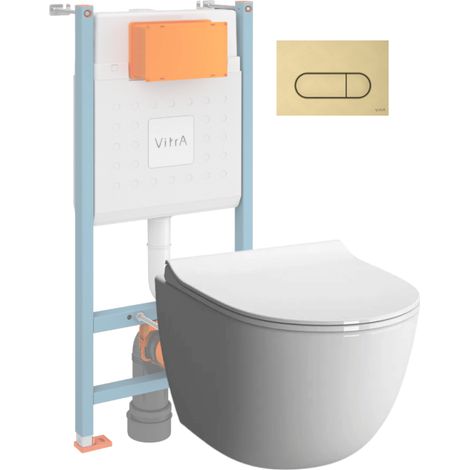 Inodoro suspendido compacto VitrA Sento blanco + Estructura autoportante V-Fix Core + Placa redonda dorada cepillada (1/3)