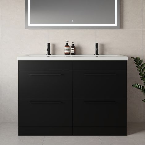 Napoli 390 Matt Black 1200mm 4 Drawer Vanity Unit with Double Glide Basins - 1200mm - Matt Black 320mm Handle
