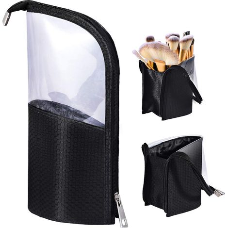 Trousse de voyage avec porte-pinceaux de maquillage, étui à crayons pour bureau, pochette cosmétique transparente zippée, petite trousse de toilette portable, étanche à la poussière et à compartiments (1/5)