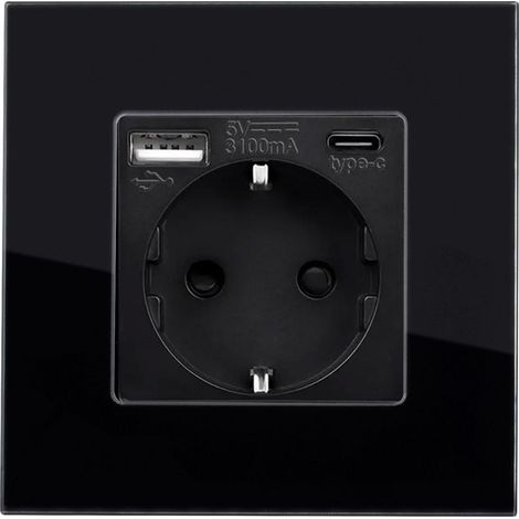 Schuko-Anschluss mit USB Typ-F mit Glasrahmen Modern Schwarz