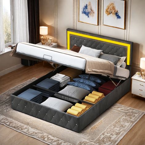 Letto imbottito moderno, LED letto matrimoniale, contenitore con ampio spazio contenitore, 160 x 200 cm, elegante velluto, beige/nero, senza materasso (1/5)