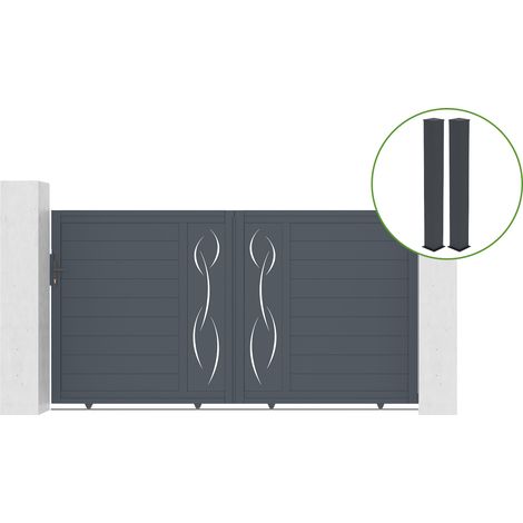 Portail coulissant 3m LIFE H.160cm alu gris + 2 poteaux 20x20cm H.190cm (1/5)