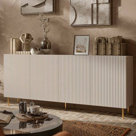 Credenza Londa, Madia da salotto con quattro ante battenti, Rialzato da terra, 200x42 h82 cm, Beige (1/5)