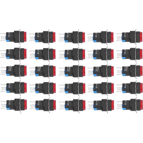 25 Interrupteurs à Bouton Poussoir Lumineux 16mm 220V Rouge Auto-Blocant - 5 Broches
