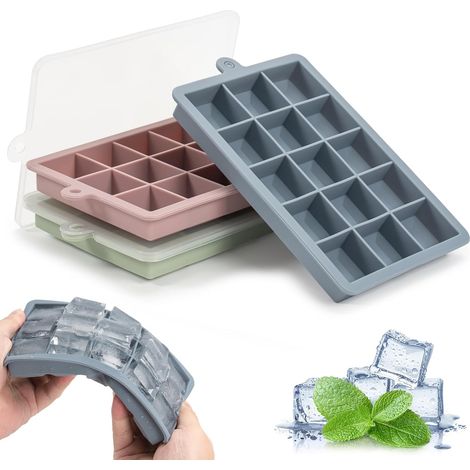 Bac à glaçons en silicone avec couvercle, lot de 3 bacs à glaçons flexibles, 15 glaçons par bac pour le congélateur, l'eau, les aliments pour bébé, le whisky, les cocktails et autres boissons, démoula (1/5)