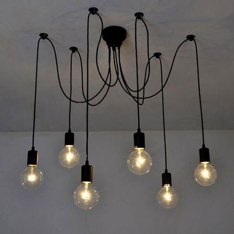 Lustre Suspension 6 Bras E27 Noir Réglable 2m Industriel Salon Salle À Manger (1/3)