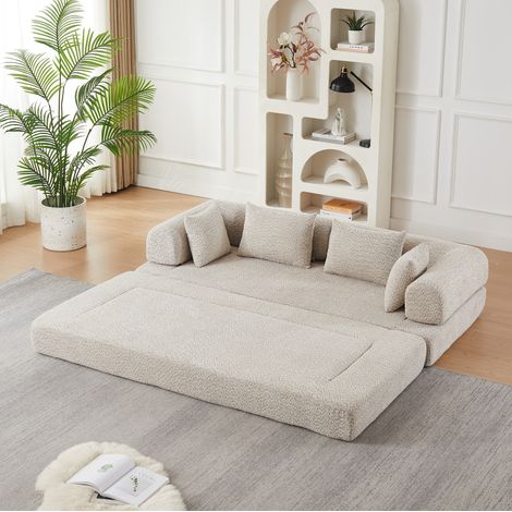 Canapé convertible modulable 4-en-1 en chenille, dossier réglable, 4 coussins, sans montage, 200×95/190 cm, beige (1/5)