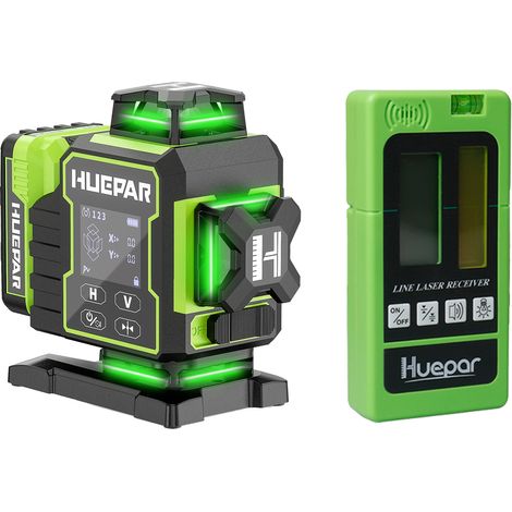 Huepar 4D Kreuzlinienlaser W04CG mit 16 grünen Laserlinien 360° und LR-5RG Laserempfänger, motorisierte Drehbasis, Selbstnivellierung, LCD-Display, Bluetooth-Fernbedienung (1/5)