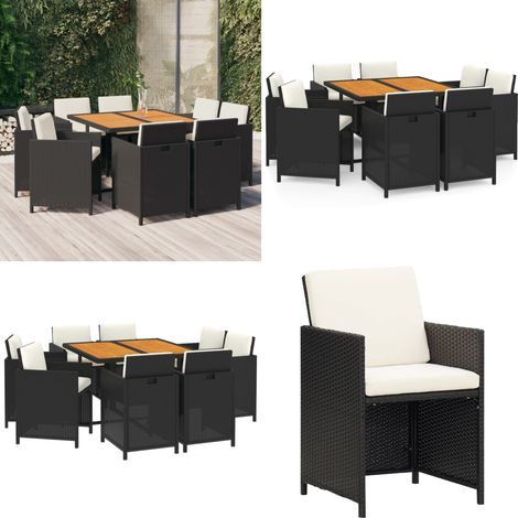 9-tlg. Garten-Essgruppe mit Kissen Poly Rattan Schwarz - Gartengruppe - Esstisch - Gartenmöbel - Rattan Möbel - Outdoor Möbel - Home & Living