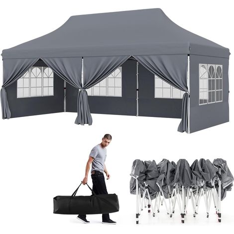 3 x 6 m Waterproof Folding Gazebo, 3 x 6 m Outdoor Garden Gazebo, Carry Bag, Weighted Bag, Pop-Up Garden Gazebo for Parties, Weddings (3 x 6 m, 6 Grey Tarpaulin) (1/5)