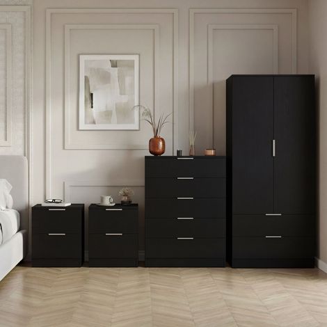 Trega 4pc Bedroom Furniture Set – 2x 2 Drawer Bedside, 5 Drawer Chest & 2 Door Wardrobe, Black