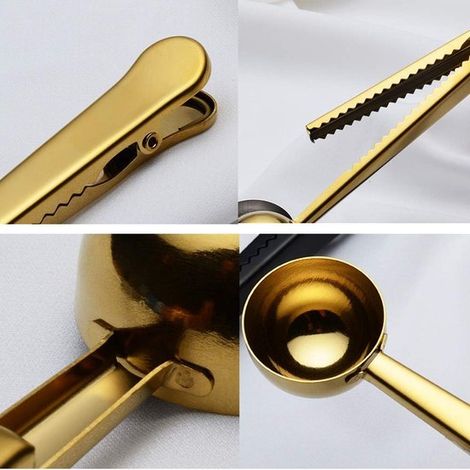 Cuchara de café de acero inoxidable，Cuchara de café con clip，Clip multifuncional de mango largo para bolsa，3 piezas，17 cm (dorado/oro rosa/negro) (1/4)