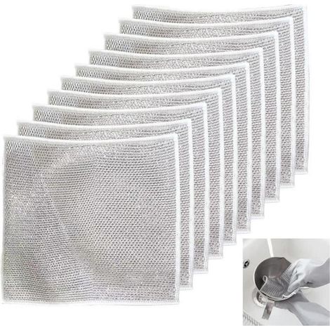 (Silber) Set mit 10 Küchentüchern – Doppellagiges Reinigungstuch aus Nylon und Stahldraht, Geschirrtuch (1/4)