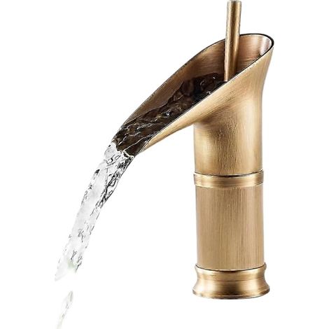 Robinet de salle de bain rétro en laiton avec bec cascade, mitigeur de lavabo antique à poignée unique.