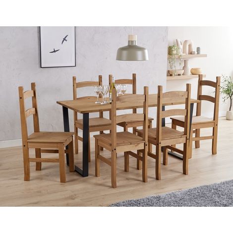 Texas Rectangular Dining Table with Metal Legs and 6 Corona Dining Chairs - Black/Antique Waxed Pine