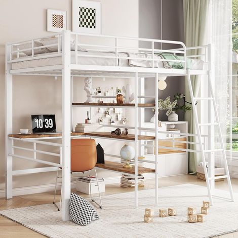Lit mezzanine 90 x 200 cm pour enfant avec escalier, lit mi-hauteur avec barrière de sécurité, cadre de lit robuste en métal, sans matelas, blanc