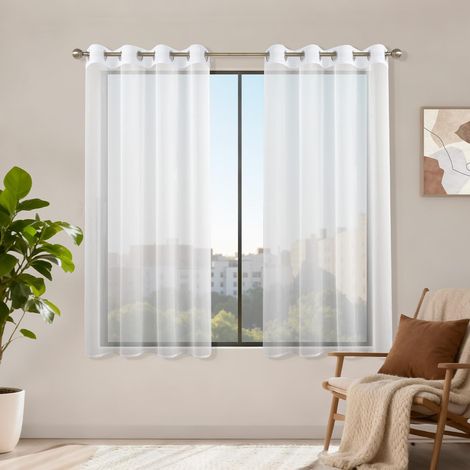 Rideaux Voilages Blancs 140x145, Lot de 2 Voilage Fenêtre Rideau Court Transparent à Oeillet, Moderne Décoration Intérieure pour Salon Chambre Cuisine Baie Vitrée, Filtrage de Lumière (1/5)