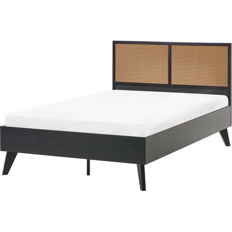 Cama con somier 120 x 200 cm cabecero de ratán sintético patas de madera de cuacho negro Monpazier