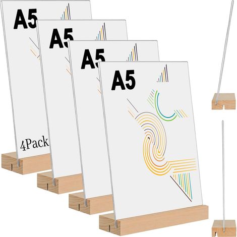 Lot de 4 Pésentois de Table A5 en Acylique Tanspaent avec Base en Bois–Pote-Affiches – Suppot pou Menus, Publicité,Photos,estauants,Maiages (Double Fente Debout/Inclinée) (1/4)