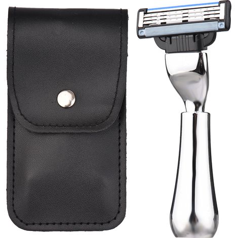Rasoir manuel portable en métal avec pochette de rangement en PU pour la barbe et la moustache. Lavable et détachable. (1/4)