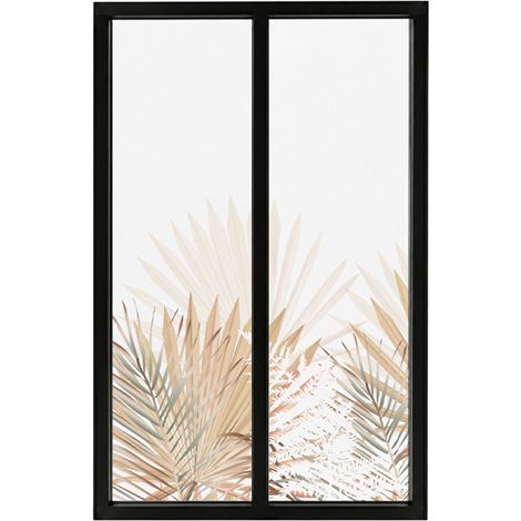 Verrière atelier intérieure aluminium noir 2 vitrages 69 x 117 cm - Décor végétal - Gaïa - beige et transparent - Verre trempé (1/5)