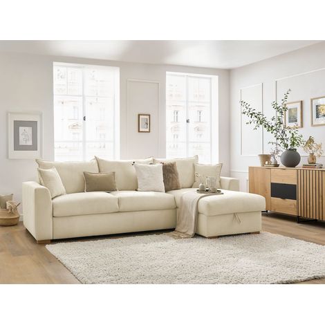 BOBOCHIC - Canapé d'angle réversible convertible ouverture express AUGUSTIN velours côtelé 140x200 Beige (1/5)