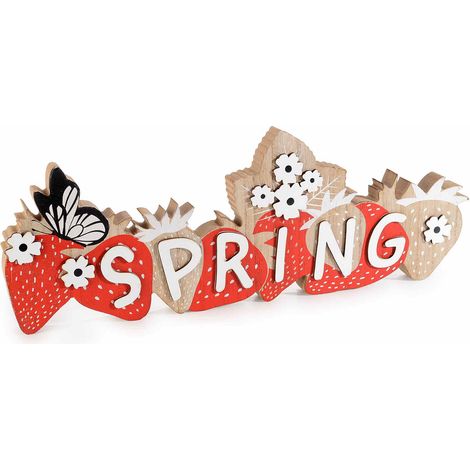 Scritta decorativa Primavera Spring in legno colorato con fragole e fiori, set da 3 pezzi, cm 40 x 2 x 14,5 H