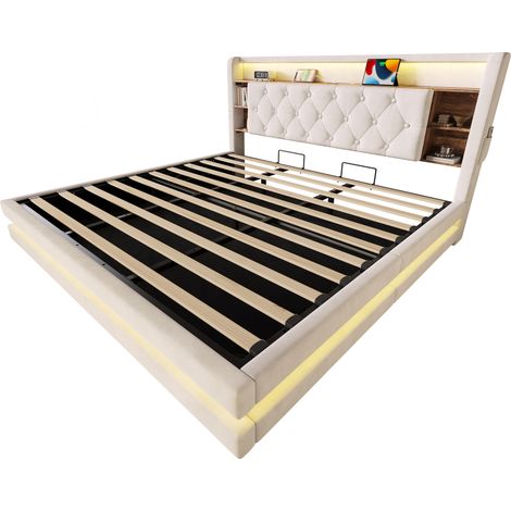 Letto contenitore 180 x 200 cm in velluto beige, testiera multifunzione, LED, USB-C (1/5)