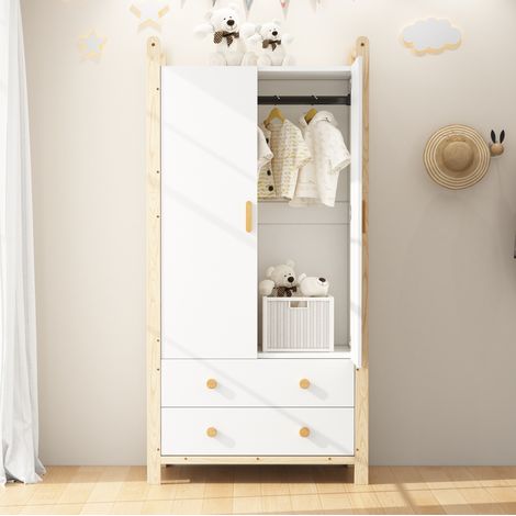 Armoire de rangement en MDF et bois massif blanc/naturel avec 2 portes, penderie et 2 tiroirs 89,6x44x180,5 cm (1/5)