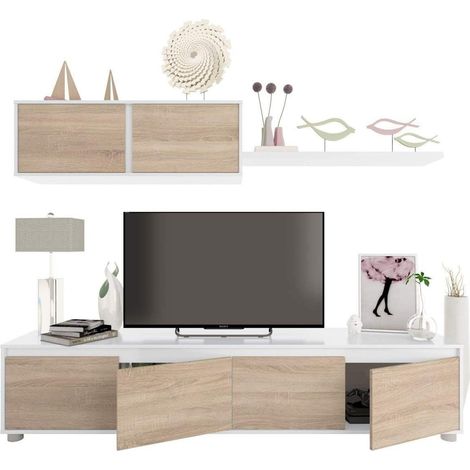 Parete Attrezzata Da Soggiorno Mobile TV 4 ante Pensile Con Pistoni A Gas E Mensola Sospesa Design Moderno Salvaspazio Salotto Odessa 200 x 43 x 41 Cm Bianco Lucido E Rovere (1/5)
