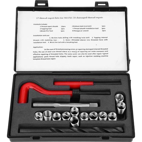 17 Pièces Kit de Réparation de Filetage, Kit de réparation pour Filet Métrique inserts filetés femelles manchon fileté avec étui Portable (M11x1.25) (1/5)