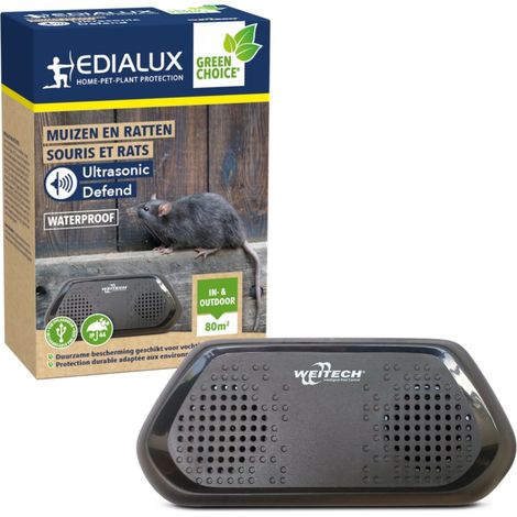 Edialux Répulsif ultrason pour souris et rats intérieur extérieur, dispositif rechargeable usb couvrant 80 m2, protection IP44 avec longue autonomie