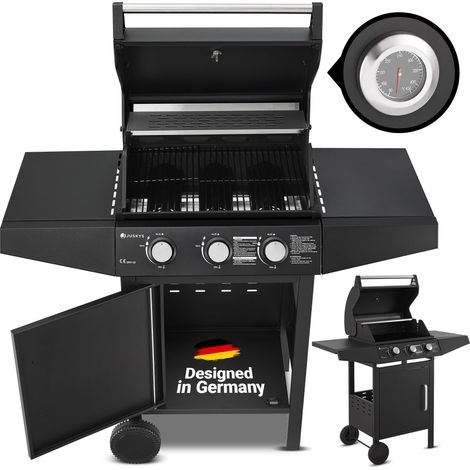 Juskys BBQ Gasgrill Louisiana 8,1 kW mit 3 Brenner, Grillrost, Deckel mit Thermometer, Warmhalterost & Seitenablagen – Grillwagen mit Stahl Korpus (1/10)