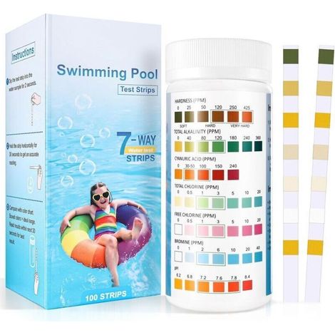 7 en 1 Testeur pour Eau de Piscine et Spa, 100 Bandelettes Test Piscine, Test Piscine Chlore et ph, Le Brome, la Dureté Totale, l’Alcalinité Totale, l’Acide cyanurique, Le Chlore Total (1/4)