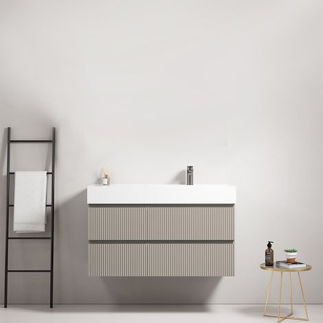Mobile bagno sospeso cannettato 100 cm Grigio Cenere Lavabo a Destra in Resina Senza Specchio - Fiji Paint (1/4)