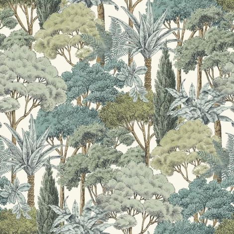 Grandeco Karuna Green Trees Wallpaper Botanical Traditional Paste The Wall