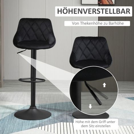 Lot de 2 tabourets de bar tournants et ajustables en hauteur, revêtement velours, dossier matelassé et repose-pieds, pour bar, comptoir ou salle à manger, structure en acier noir. (1/4)