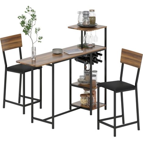 Ensemble table de bar 3 pièces (acier/marron) - Table pliante + 2 tabourets avec rangement vin - Moderne (1/5)