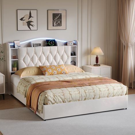Lit coffre 140x190 avec sommier, tête de lit rembourré avec rangement, LED et USB - cadre en métal noir - chambre adulte (1/5)