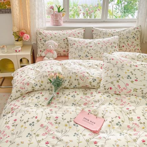 Parure de lit 2 pièces en coton avec housse de couette de 155 x 220 cm et taie d'oreiller de 80 x 80 cm avec fermeture éclair Motif floral et feuilles Blanc/rose (1/5)