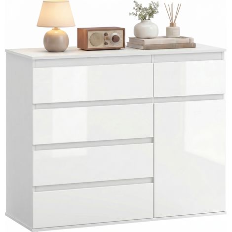 HOMCOM aparador con 5 cajones, aparador de salón con estantes ajustables, puerta de cierre suave, para cocina, entrada, blanco brillo, 100x40x80 cm (1/5)