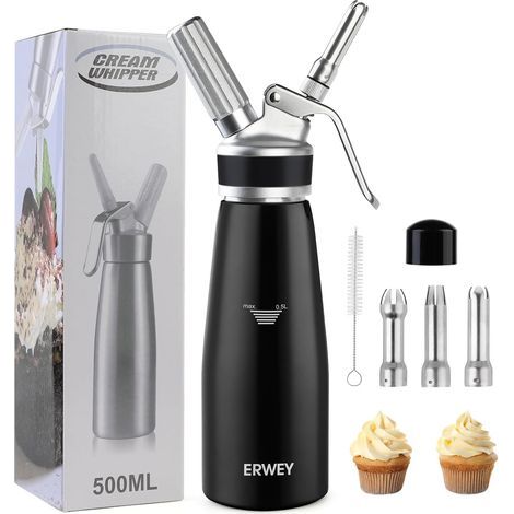 500-ml-Sahnespender, Sahnespender aus Aluminium, Küchenspender mit 3 Düsen und 1 Reinigungsbürste, Sahnespender für Gebäck- und Dessertdekoration (Schwarz)