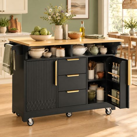 Isla de cocina multifuncional negra de MDF y metal 120 cm con ruedas - CHICFURN (1/5)