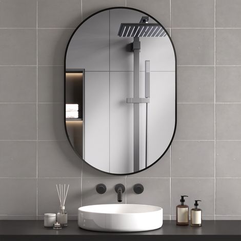 Miroir ovale mural cadre en aluminium style minimaliste montage vertical ou horizontal avec 3 crochets 60 x 90 cm noir (1/5)