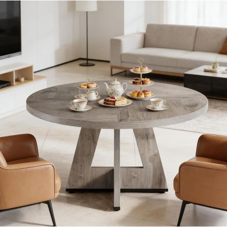 Mesa de comedor redonda Ø 120 cm de madera de ingeniería, gris, estilo rústico DESVIAE (1/5)