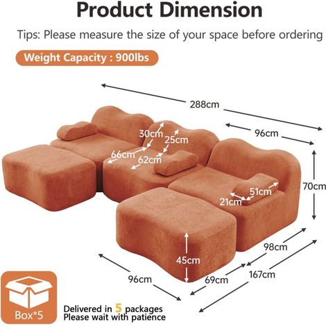 Canapé droit 3 Places Modulaire, Canapé avec 2 poufs en Mousse Haute Densité 32D - Design en Vague et Assise Profonde - Orange, Idéal Salon (1/5)