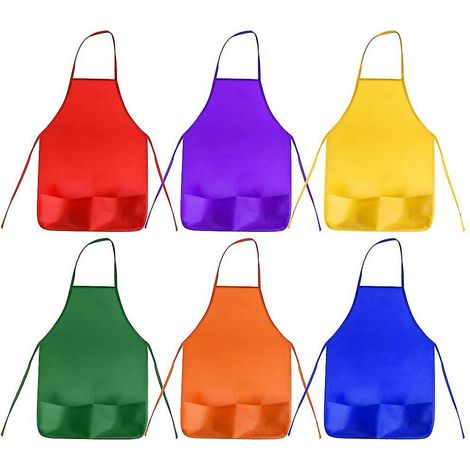Lot de 12 tabliers pour enfants, 6 couleurs différentes, avec 2 grandes poches pour la cuisine et le jardin. (1/5)