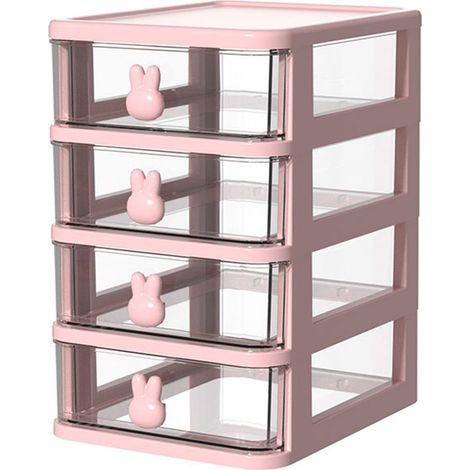 Mehrstöckige, transparente Aufbewahrungsbox aus Kunststoff für den Schreibtisch, großes Fassungsvermögen, mit Hasengriff, kleinem Schubladenorganizer für Bücher und Stifte, rosa, 4 Ebenen (13,4 x 17 x (1/5)