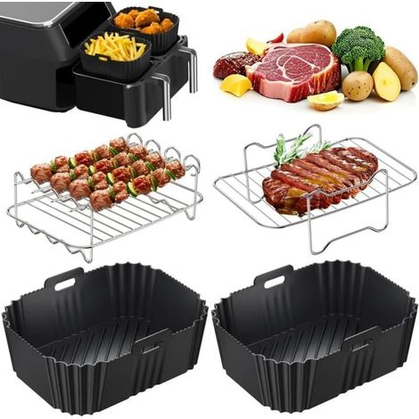 Grill Panier - Cuvette En Silicone Alimentaire - Pour Friteuse À Air - Compatible Avec Modèles À Double Zone - Lot De 4 Pièces - Noir
