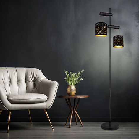 Stehleuchte Standlampe Wohnzimmerleuchte 2-flammig Höhe verstellbar, Textil, schwarz golden, 2x E27, LxBxH 41x23x150 cm